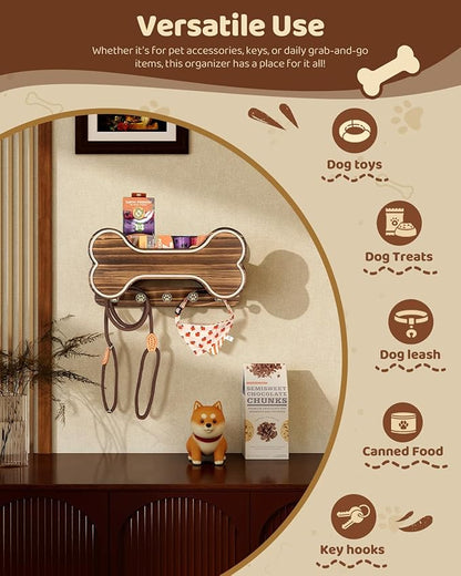 MTERSN Farmhouse Dog Leash Holder for Wall - Dog Stuff Organizer and Doggie Bone Key Holder Wall Mount with 5 Decorative 3D Puppy Paw Hooks & Storage Shelf - Ideal Home Decor (Brown)