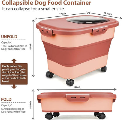 Dog Food Storage Container, 5-20Lbs Collapsible Pet Food Storage Containers with Rolling Wheel Airtight Locking Lid, Dry Food Storage Bin with Cup and Scoop,Suitable for Pet Food, Rice, Flour