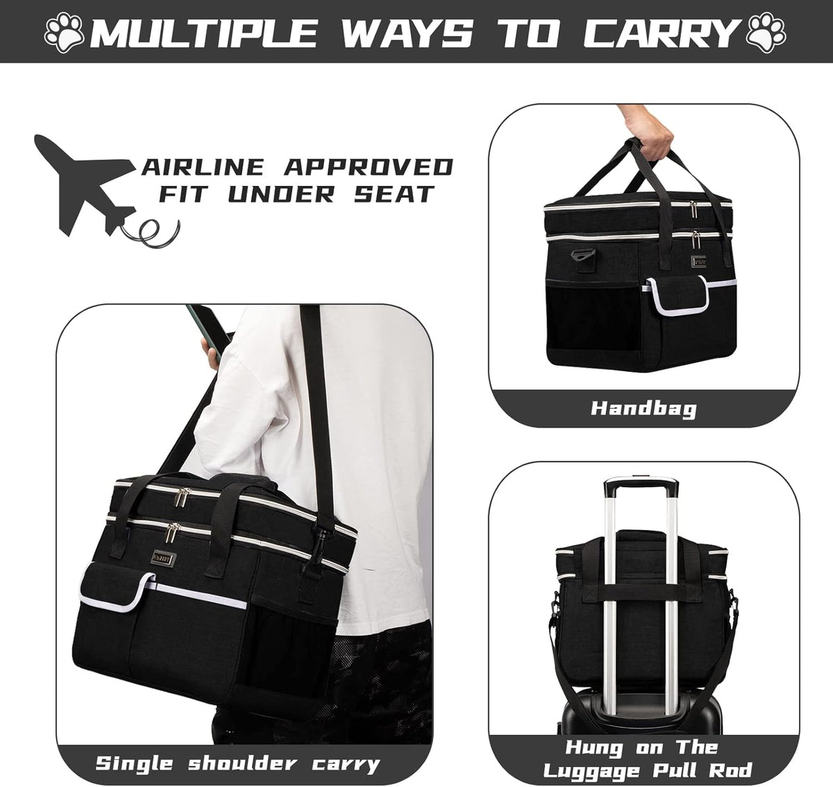 BAGLHER Dog Travel Bag for Supplies - Double-Layer Airline Approved Weekend Pet Travel Organizer Set for Dog and Cat Tote with 2 Pet Food Containers and 2 Collapsible Silicone Bowls Black