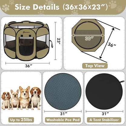 Persure Dog Cat Pet Playpen Puppy Crate Cage for Indoor Outdoor Travel | Nursing Rest Zone Recovering Pet Quarantine Room Portable Pop Up Easy to Set up lightweight Bag(Khaki with Pad, Medium)