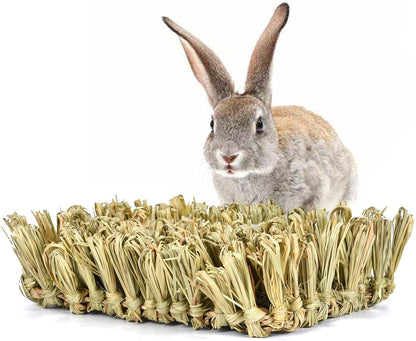 Hamiledyi Rabbit Grass Bed Bunny Natural Straw Woven Mat Guinea Pig Hay Mat Chew Mat for Rabbit Guinea Pig Chinchilla Squirrel Hedgehog(10.6x7.5x3.5inches)