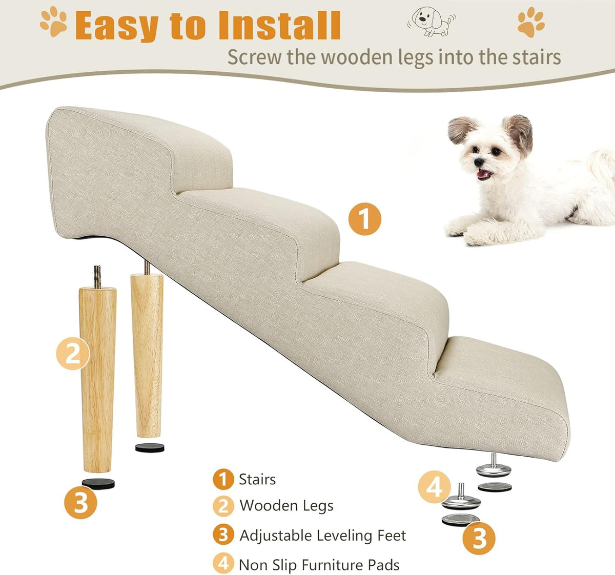 Senneny Imitation Linen Faux Leather Dog Stairs, for Pets up to 150 lbs, Waterproof, Scratch Resistant Pet Steps/Stairs with High Density Foam and Detachable Wooden Legs, Light Beige Linen, 4 Step