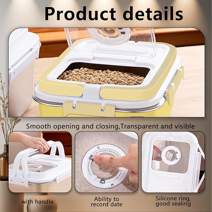 Sanbo Dog Food Storage Container Stainless Steel with Scoop, Airtight Pet Metal Food Storage Bin,Cat Food Canister,Storage Box with Date Tracker for Kitchen (Yellow, 10L)