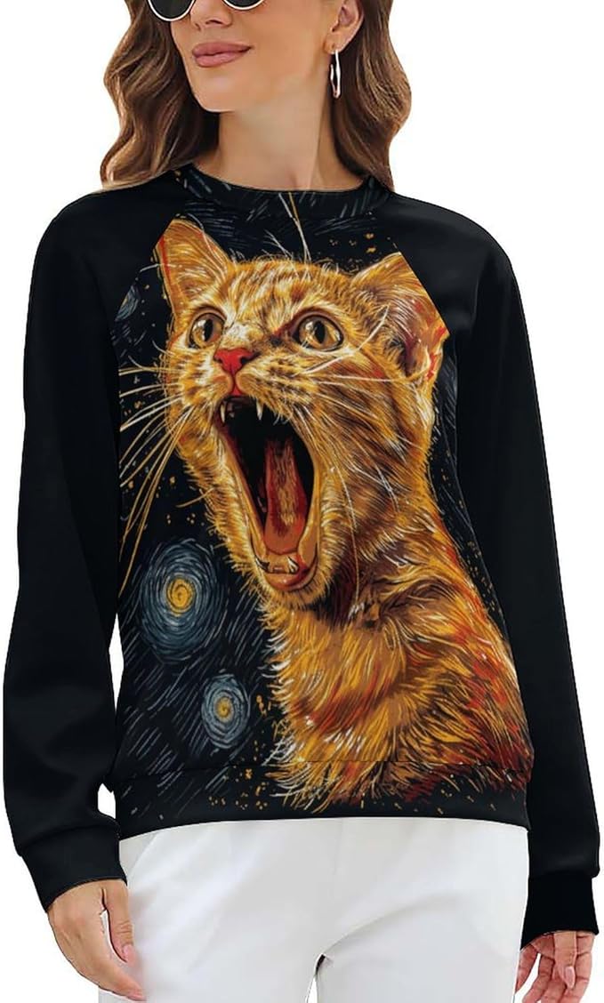 Long Sleeve Shirts for Women Cat Oil Painting Shirt 3D Graphic Sweatshirts Fall Pullover Crewneck Vintage Boho Tops