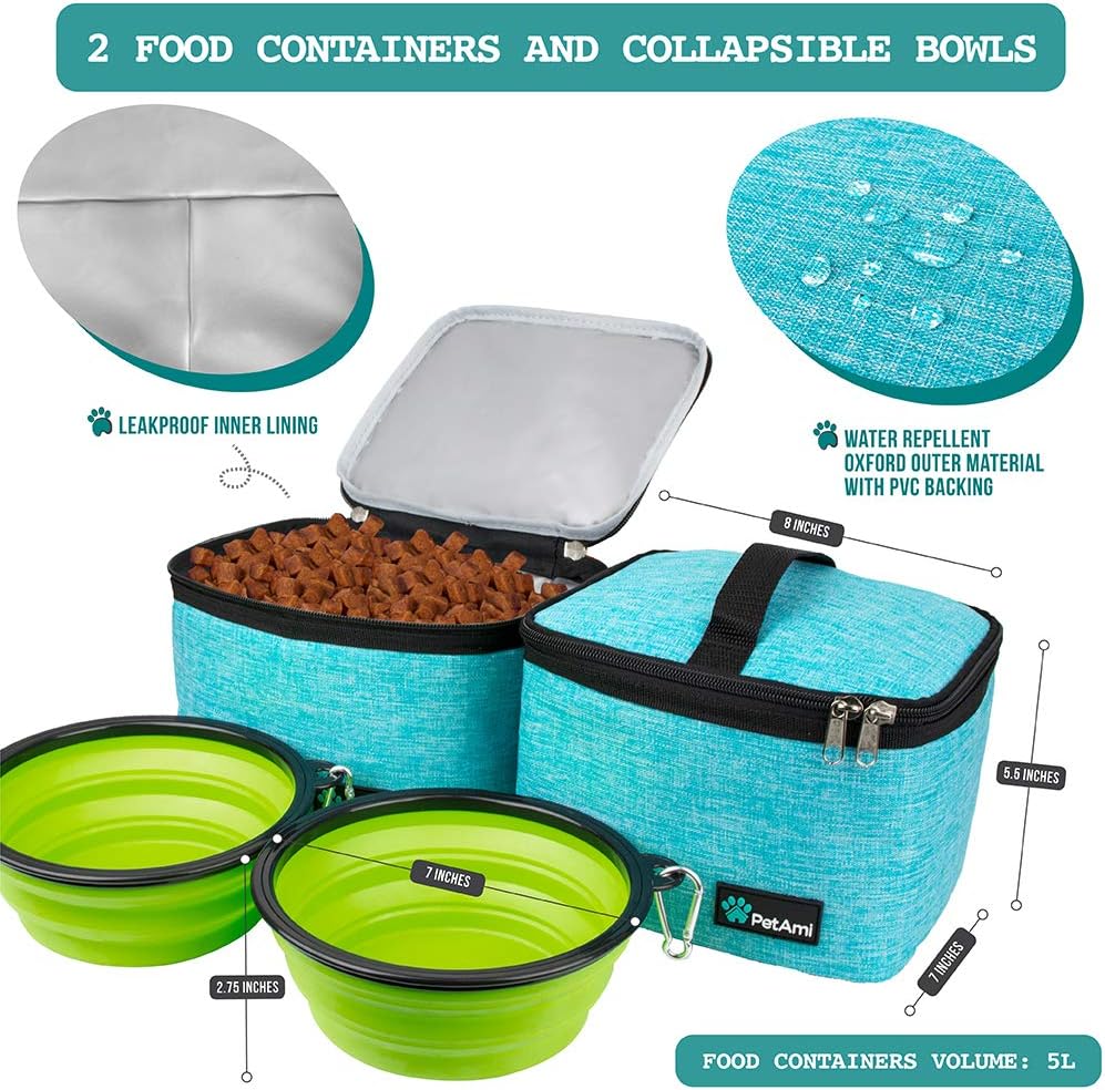 PetAmi Travel Bag Organizer - Dog & Cat Diaper Bag with Food Container and Bowls, Perfect for Weekend Camping (Sea Blue, Large)