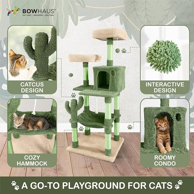 CAPHAUS Cactus Cat Tree for Indoor Cats, Cute 58-Inch Cat Climbing Play Tower with Top Perch for Large Cats Kittens, Multi-Level Cat Activity Tree with Scratching Posts, Hammock, Cat Cave Condo