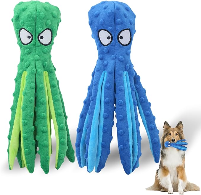 Dog Squeaky Toys Octopus, No Stuffing Plush Toys, Squeaky Octopus Dog Toy - Durable Plush for Puppies, Interactive Dogs Toys for Aggressive Chewers (Green+Blue)