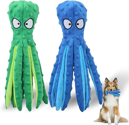 Dog Squeaky Toys Octopus, No Stuffing Plush Toys, Squeaky Octopus Dog Toy - Durable Plush for Puppies, Interactive Dogs Toys for Aggressive Chewers (Green+Blue)