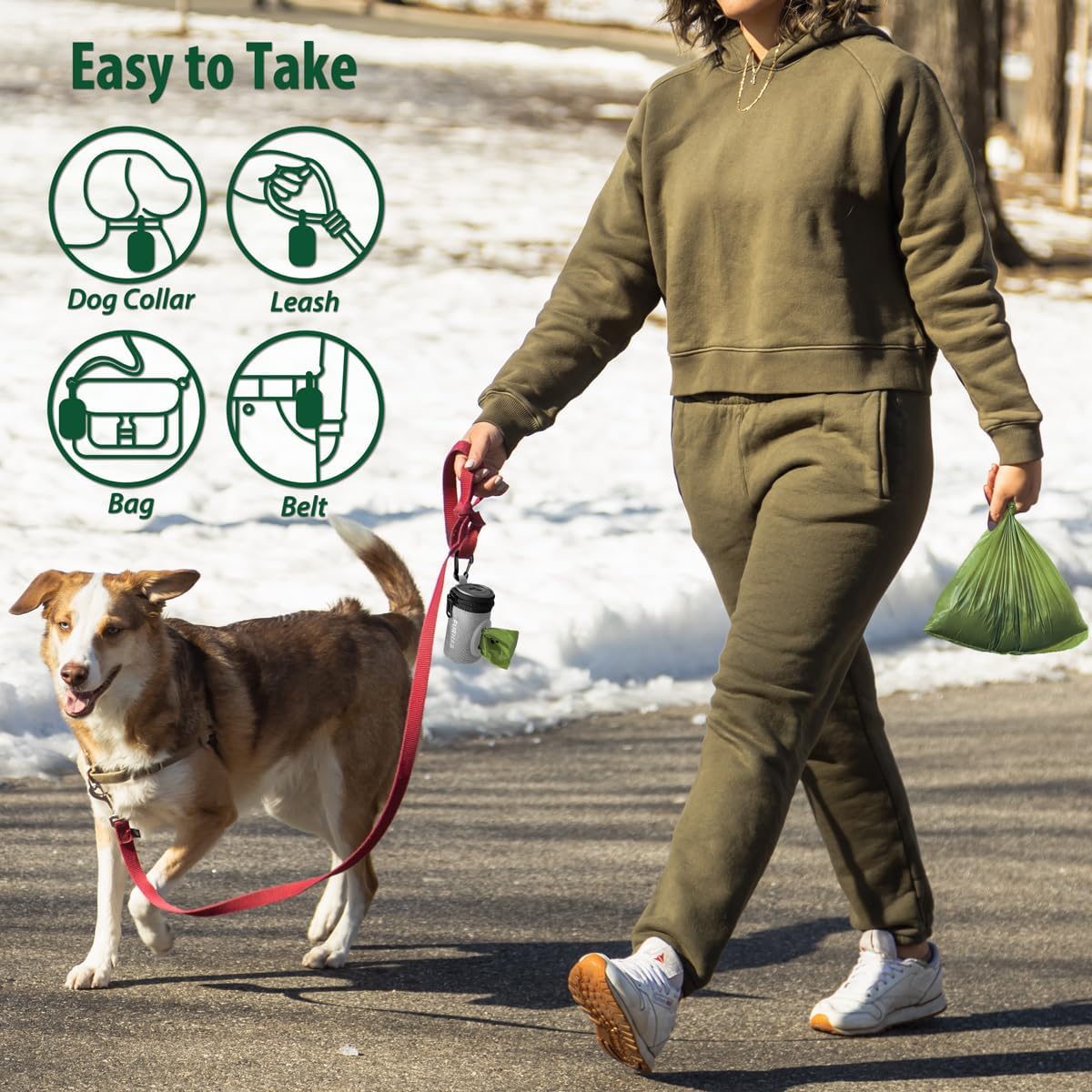 Glow Dog Poop Bag Holder for Leash Doggie Waste Bag Dispenser Puppy Potty Carrier Small Doggy Zipper Pouch with Carabiner Clip 1680D Nylon Oxford with 1 Roll of Pet Trash Bags, Silver