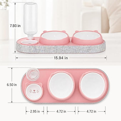 SlowVibes Bling Pink Cat Food and Water Bowl Set, Automatic Water Dispenser | 15-degree tilted double bowls with 17 oz automatic water dispenser for indoor cats, kittens, small medium dogs,Rhinestone