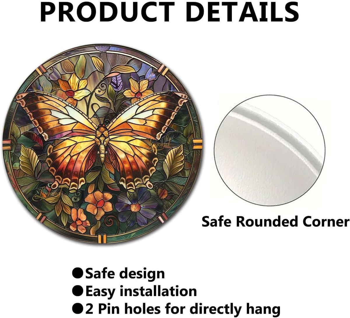 Lygond Metal Sign Tin Sign Circular Stained Glass Butterfly Wall Art for Club 12×12 Inches