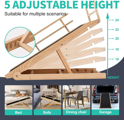 Dog Ramp, 5 Level Adjustable Wooden Folding Pet Ramp for Middle Bed, Couch,SUV-High Traction, Portable Paw Ramps for Small & Large Old Dogs & Cats - Furniture Quality