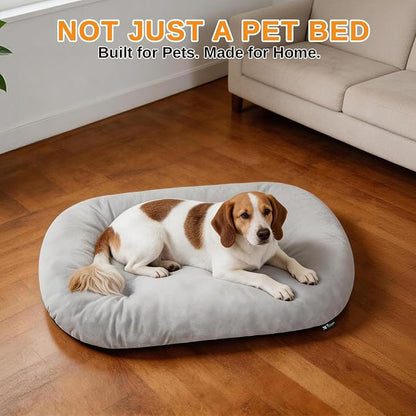 Washable Oval Medium Dog Bed, Silver-Tipped High-Resilience, Light Gray | Non-Slip Bottom Prevents Sliding, Soft Plush Short Fur, Machine Washable, Ideal for Crates/Apartments/Cozy Nooks,29"x18"x2.8"