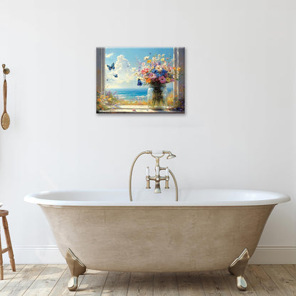 Beach Floral Bathroom Pictures Wall Art, Colorful Flower Bathroom Wall Decor, Coastal Ocean Framed Painting Canvas Artwork for Bedroom Living Room Decorations 16"L x 12"W
