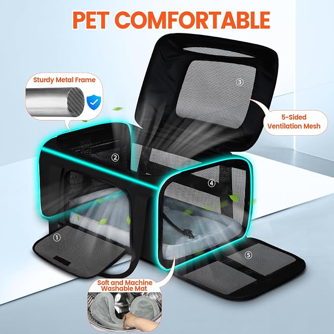 Top-Expandable Small Pet Carrier with Wheels Airline Approved | 18"x11"x11", for Delta/American/United Airlines, Lockable Safety Zippers and Anti-Scratch Mesh, Pets Under 10 Lbs, Black