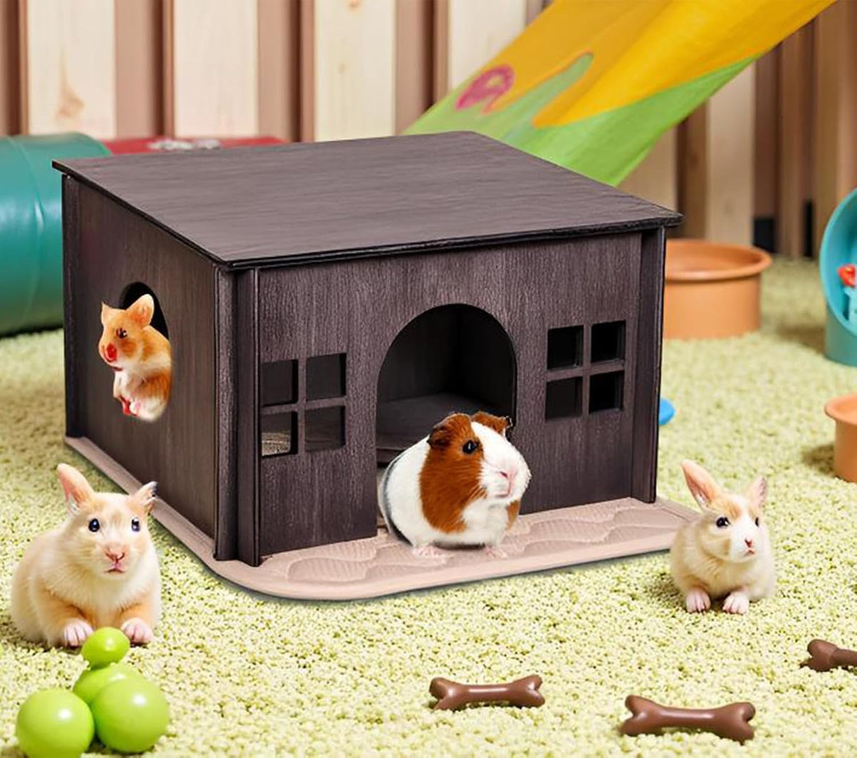 Wooden Guinea Pig House with Windows,Hamster Hideout, Large Size Suitable for Two Guinea Pig Hideout, Ventilated Wood Habitats Decor for Chinchilla, Hamster Mice Gerbils Mouse