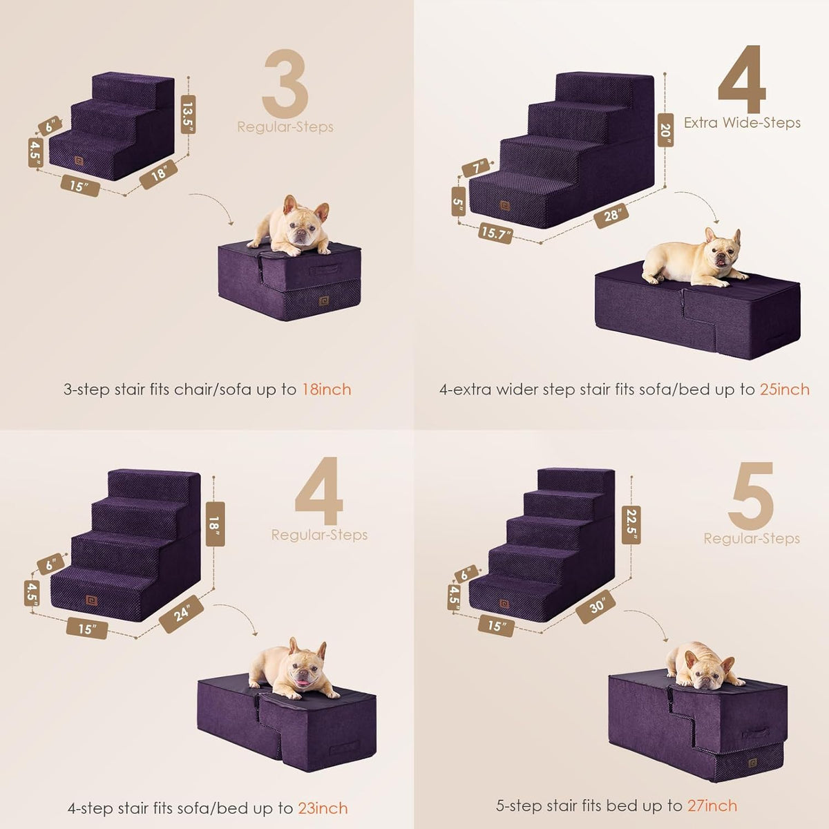 EHEYCIGA Dog Stairs for Bed 20" H, 4-Step Extra Wide Dog Steps for High Bed, Pet Steps for Small Dogs and Cats, Non-Slip Balanced Pet Ramp Indoor, Purple