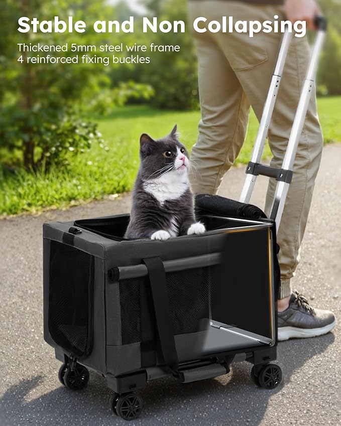 Pecute Cat Carrier with Wheels,Steel Wire Frame Cat Carrier, Stable Pet Trolley Bag for Cats, Pet Handbag and Stroller, Portable Cat Carrier Bag for Car Travel Bus Subway, Dark Grey