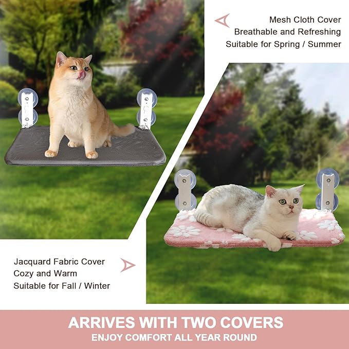 Cat Window Perch, Foldable Cat Window Hammock with Cute 3D Textured Flower Cover, Breathable Mesh Cover and Strong Suction Cups, Cordless Window Seat Bed for Indoor Cats (Pink, Medium)