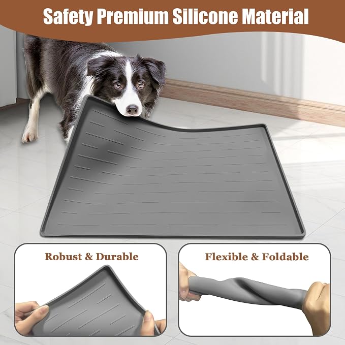 24"x16" Large Dog Food Mat, Silicone Dog and Cat Mats for Food and Water Bowls, Waterproof Raised Edge Pet Feeding Mat for Contain Spills Protects Floors, Multiple Colors & Sizes for Pets, Brown