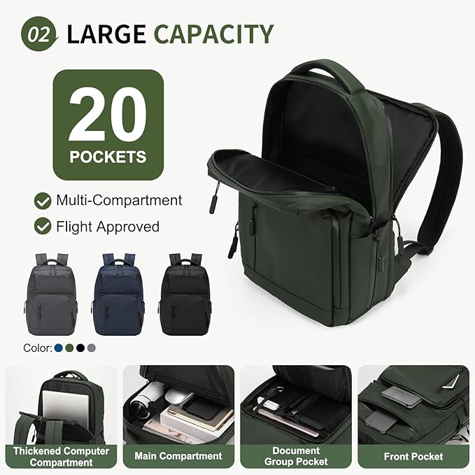Waterproof Laptop Backpack for Men & Women, Flight Approved Anti-Theft Daypack with 15.6-inch Laptop Sleeve (Green)