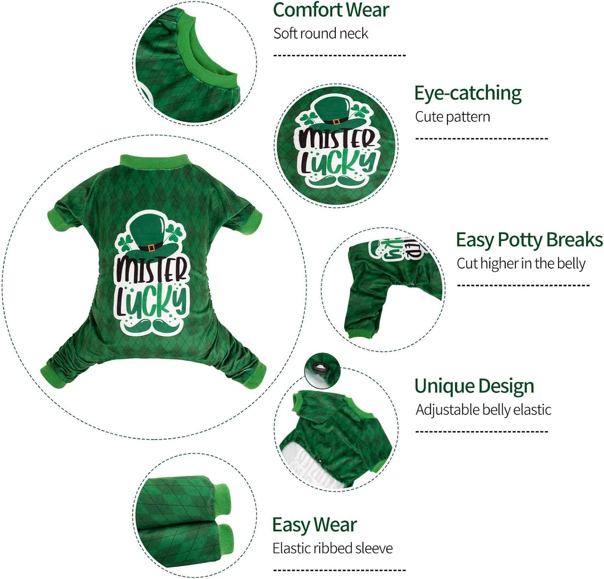 CuteBone Dog St.Patrick's Day Pajamas Puppy Onesies Small Dogs Soft Pjs Coat Cat Apparel Comfy Pet Clothes Outfit Doggie Bodysuit P274S