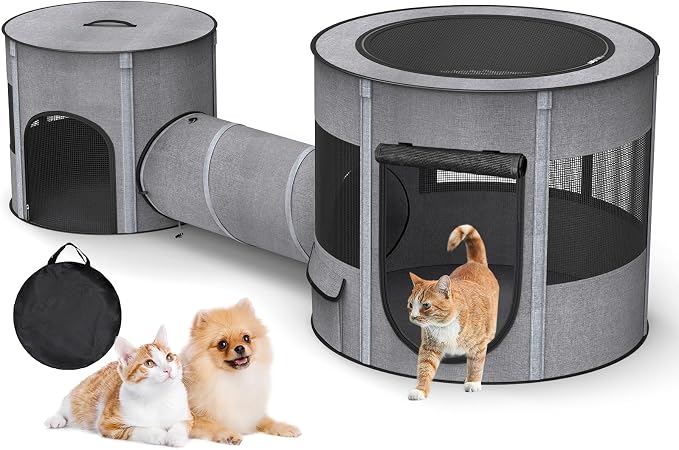Portable Cat Playpen with Tunnel, 3 in 1 Foldable Puppy Play Pen, Waterproof Bottom, Enclosed 2-Room Separable Pet Tent for Indoor/Outdoor, Multi-Purpose Enclosure Crate Cage for Kitten Dog Rabbit