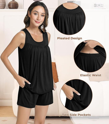 NACHILA Pajamas for Women-Viscose from Bamboo, Ribbed Racerback Tank Top Sexy Split Shorts Pajama Sets Cooling Sleep Cami Pjs