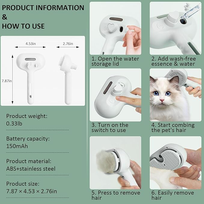 3 In 1 Self Cleaning Steamy Pet Brush, Pets Spray Hair Removal Comb - Anti-Static, Dog Grooming Tool with Steam & Self-Cleaning, Skin-Friendly Design + Bathing Solution