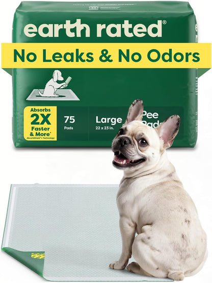 Earth Rated Max Absorbency Puppy Pee Pads for Dogs Absorbs 2X Faster & 2X More, Leak-Proof Odor-Free Potty Training Wee Wee Pad, Unscented, Large, 22” x 23”, 75 Count