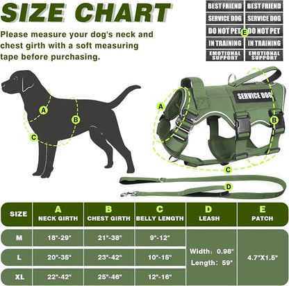 Tactical Service Dog Vest Harness and Leash Set,Heavy Duty Dog Harness with Metal Buckles for Large Dogs,Adjustable No Pull Pet Vest with 10 Patches,for Training Working Hiking,Green XL