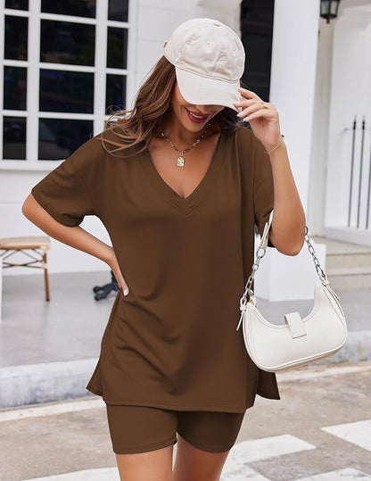 Ekouaer Womens Pajamas 2 Piece Lounge Sets Oversized V Neck T-Shirts Tops Biker Shorts Set Workout Reversible Tracksuit S-XXL