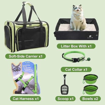 Cat Carrier Soft-Sided & Folding Travel Litter Box for Cats, Fit 20Lbs Pets, 17.7' * 11.8 * 11.8 inches Cat Bag for Traveling & Camping, Indoor & Outdoor, Cat Travel Carrier Kit - Green