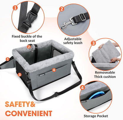JOEJOY Deluxe Dog Booster Seat with Sturdy Metal Frame and Safety Leash for Small Pets up to 20 lbs - Portable Puppy Dog Car Seat with Thick Cushion and Storage Pockets for Small Dogs