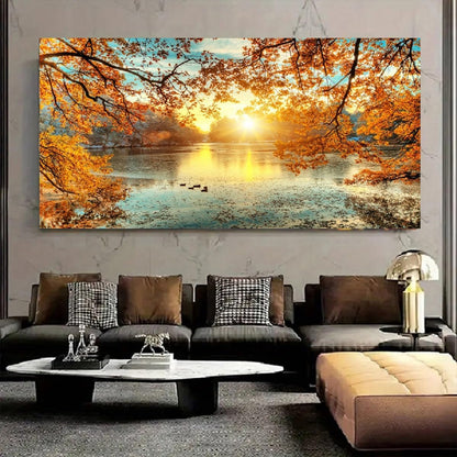 Yxbhhym-Landscape Tree Canvas Wall Art Fall Forest Sunset Wall Decor Poster Lake Water Pictures for bedroom wall decor Natural Scenery Paintings Artwork Large Living Room Decor Home Office Decoration