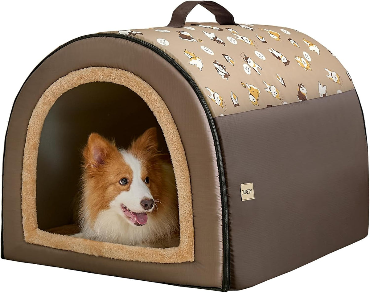 Jiupety 2 in 1 Dog House Indoor, Comfy Cave Bed Covered Dog Bed, Portable House for Medium and Large Dogs, 2XL(35"×27"×26"), Up to 70 Lb, Brown