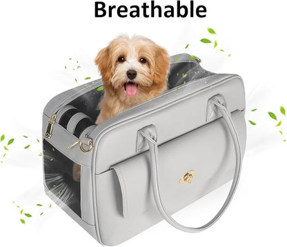 Fashion Pet Carrier Dog Purse Carrier Cat Soft-Sided Carriers for Puppy Kitten, Stylish Leather Handbag Tote Travel Pet Bag for Small Dogs Cats, TSA Airline Approved (Grey)