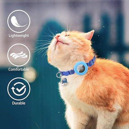 PUPTECK Airtag Cat Collar Breakaway 2 Pack with Bells, Reflective Kitten Collar with Air Tag Holder for Boy Girl Kitty and Puppies, Soft, Navy Blue & Light Blue