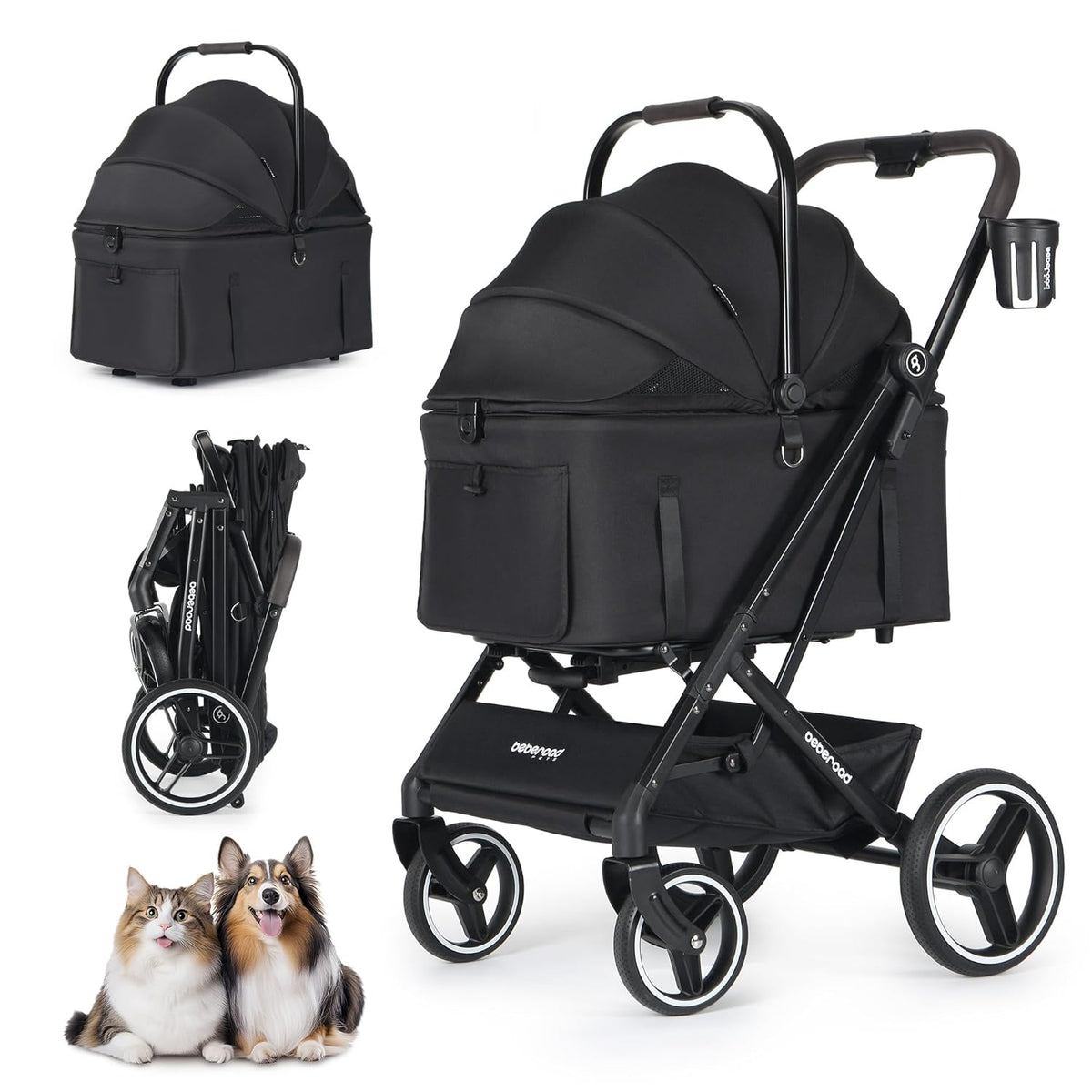 X3 2 in 1 Pet Stroller for Medium or Two Small Dogs & Cats 4 Wheels Lightweight Foldable Carrier Dog Stroller with Waterproof Weather Cover Cup Holder,Storage Basket(Black)