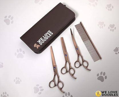 We Love Doodles Medium Curved Slicker Brush and Scissors Kit- Soft Pin Goldendoodle Brush and Dog Scissors - for Dematting & Shedding - Made in USA