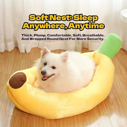 Banana Pet Bed for Small Dogs and Cats, Cozy Enclosed Calming Cave Bed with Removable Plush Cushion for Indoor Kittens Puppies Small Pets (Banana Bed + Bone Toy, X-Large)