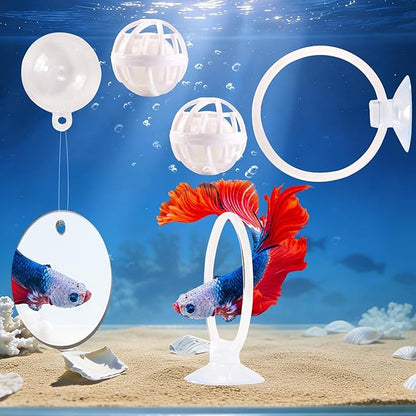 Betta Fish Toys, 2 PCS Fish Exercise Ring and Nitrifying Balls Set, Betta Mirror Toy Set, Feeding Ring with Suction Cup, Fishing Tank Accessories for Gifts (White)