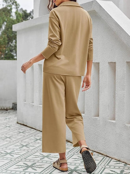 Imily Bela Womens 2 Piece Outfits Sweatsuit Long Sleeve Lapel V Neck Shirt and Wide Leg Pants 2025 Fall Trendy Tracksuit