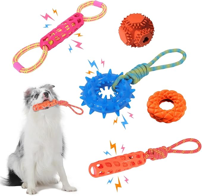 5 Pack Squeaky Dog Rope Toy & Treat-Dispensing Toys for Medium Large Dogs, Interactive Tug of War Dog Toys for Slow Feeder/Training/Playing
