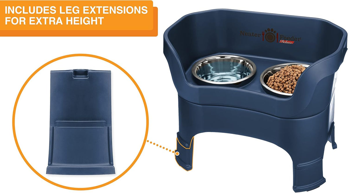 Neater Feeder Deluxe Mess Proof Dog Bowls Elevated for Large Dogs – Made in USA – No Spill Raised Dog Food Bowl Stand w/Leg Extensions – Stainless Steel Food and Water Bowl Set – Dark Blue
