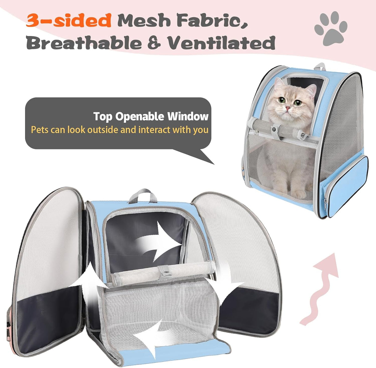Cat Backpack Carrier,Pet Carrier Airline Approved for Small Dog Cat Puppy Kitten Bunny,Ventilated Mesh Design Animal Backpack for Hiking Camping Travel Bag (Blue)