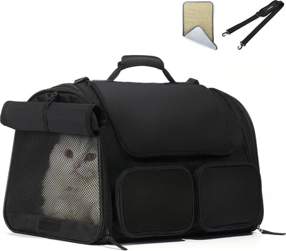 FUKUMARU Cat Carrier, 4 Mesh Windows Small Dog Carrier, 4 Storage Pockets Cat Travel Bag, Under 15 lb Airline Approved Pet Carrier, Rollable Cover for Nervous Cats, Black