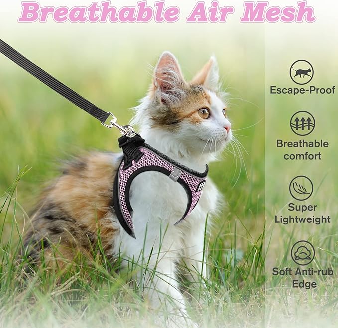 Cat Harness and Leash for Walking Escape Proof, Adjustable Kitten Vest Harness Reflective Soft Mesh Puppy Harness for Outdoor, Comfort Fit, Easy to Control (Lpink, XS)