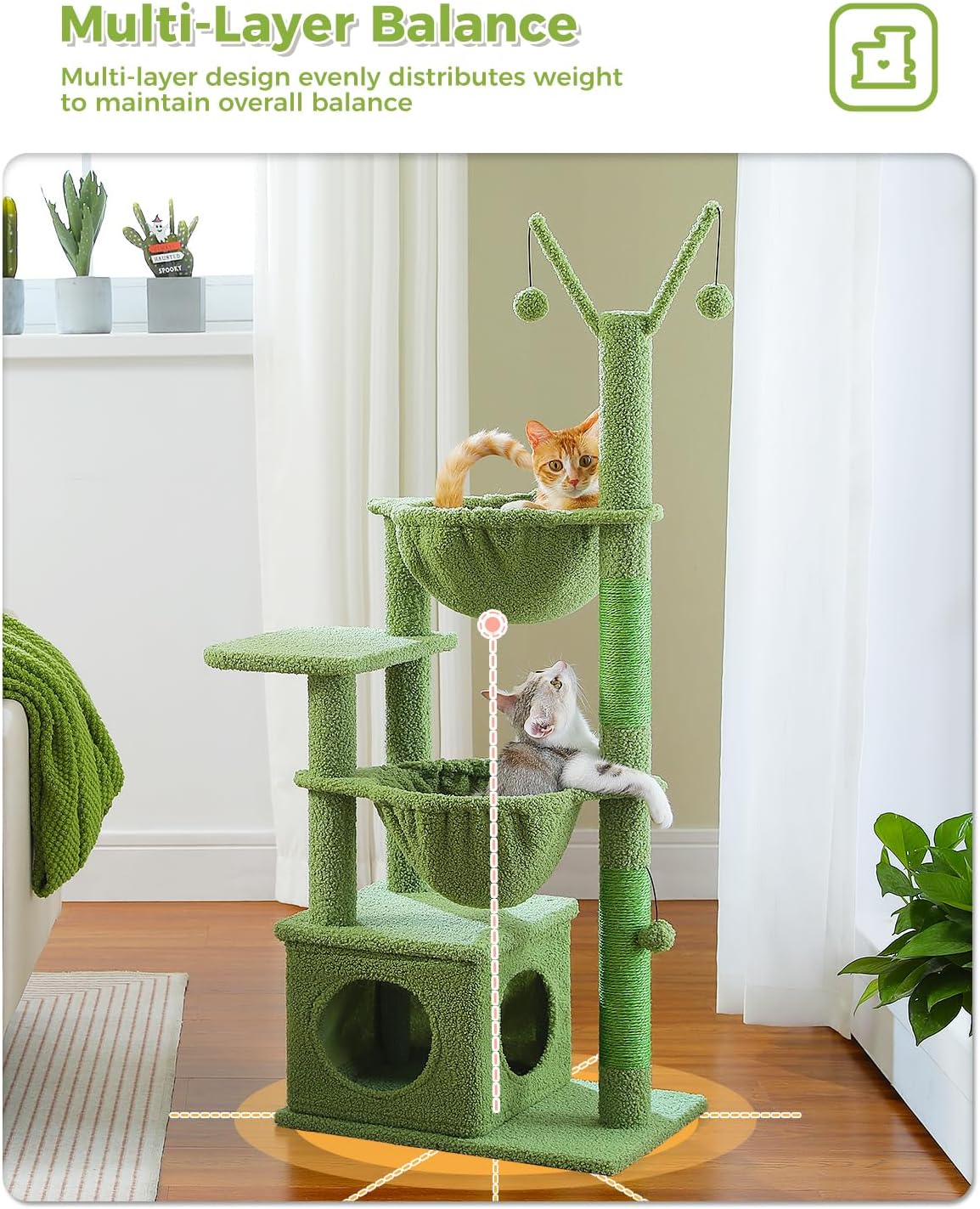 Cactus Cat Tree, 47.6" Cat Tower with 2 Metal Frame Hammock, Cat Scratching Post for Indoor Cats with 2 Removable Pompom Sticks for Kittens, Green