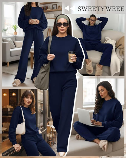 Sweetyweee Women's 2 Piece Outfits Set Fleece Lined Lounge Sweatsuit Crewneck Pullover Top Wide Leg Pants Casual Tracksuit